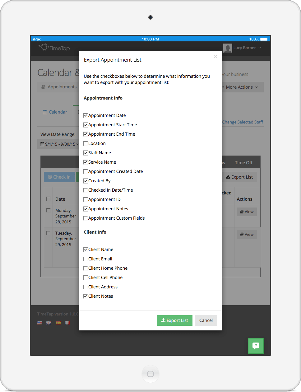 A web scheduler with exportable list views